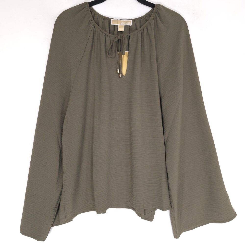 MICHAEL KORS Women’s New Top Blouse LARGE Olive Bell Sleeve Casual QS540USDQ0